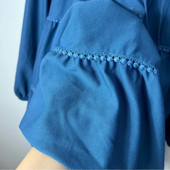 Blue Long Sleeve Ruffle Oversized Tunic Blouse with A marching Crop pants 42 - Picture 8 of 13